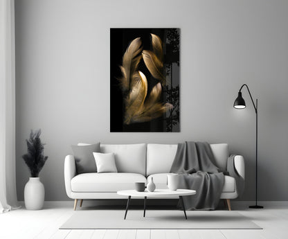 Tan feather glass wall art displayed above a white sofa in a minimalist living room setting.