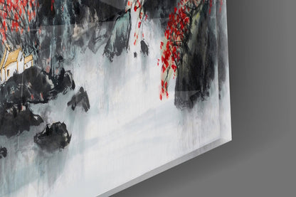 Angled close-up of Japanese glass wall art showing misty landscape with red foliage, black rocks, and gold accents on white surface.