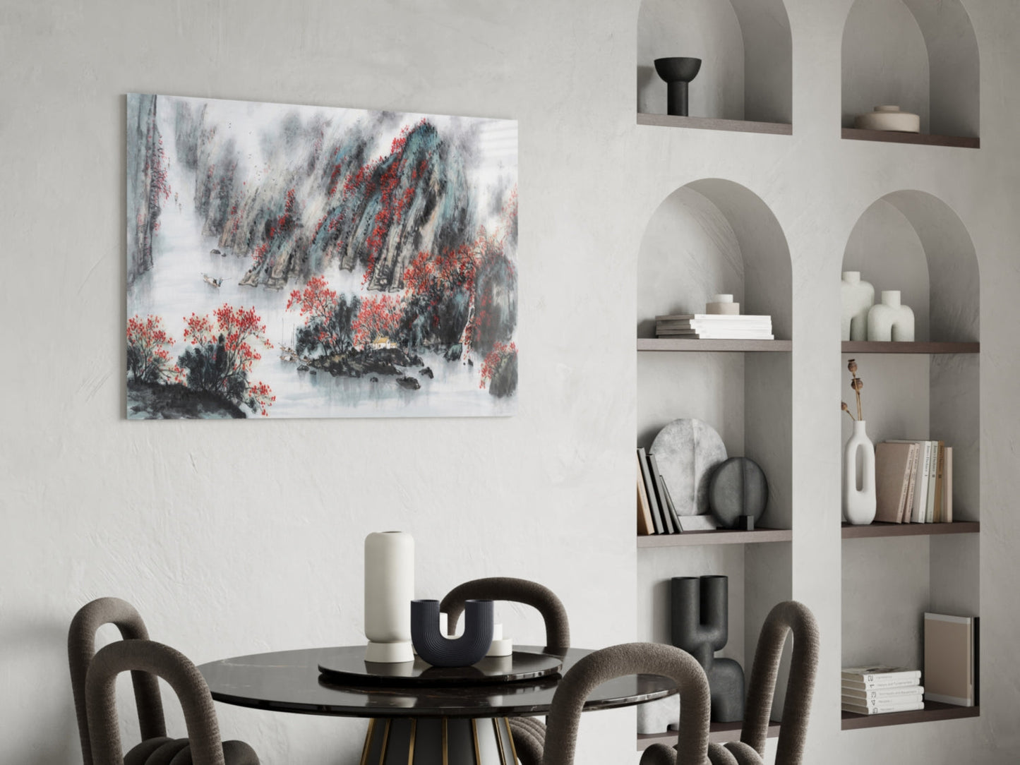 Japanese Drawing Glass Wall Art depicting snowy landscape with red foliage displayed above dining table in modern interior.