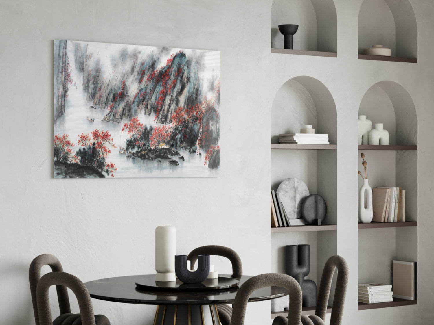 Japanese Drawing Glass Wall Art depicting snowy landscape with red foliage displayed above dining table in modern interior.