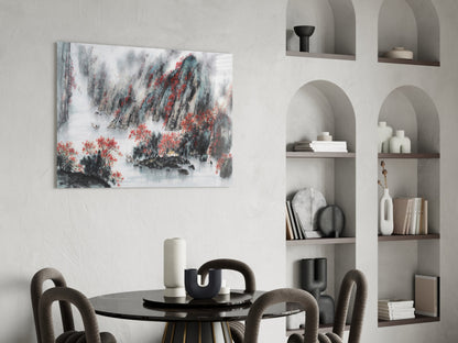 Japanese Drawing Glass Wall Art depicting snowy landscape with red foliage displayed above dining table in modern interior.