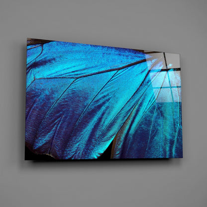 Angled view of glass wall art displaying iridescent blue butterfly wing details with black vein patterns against gray background.