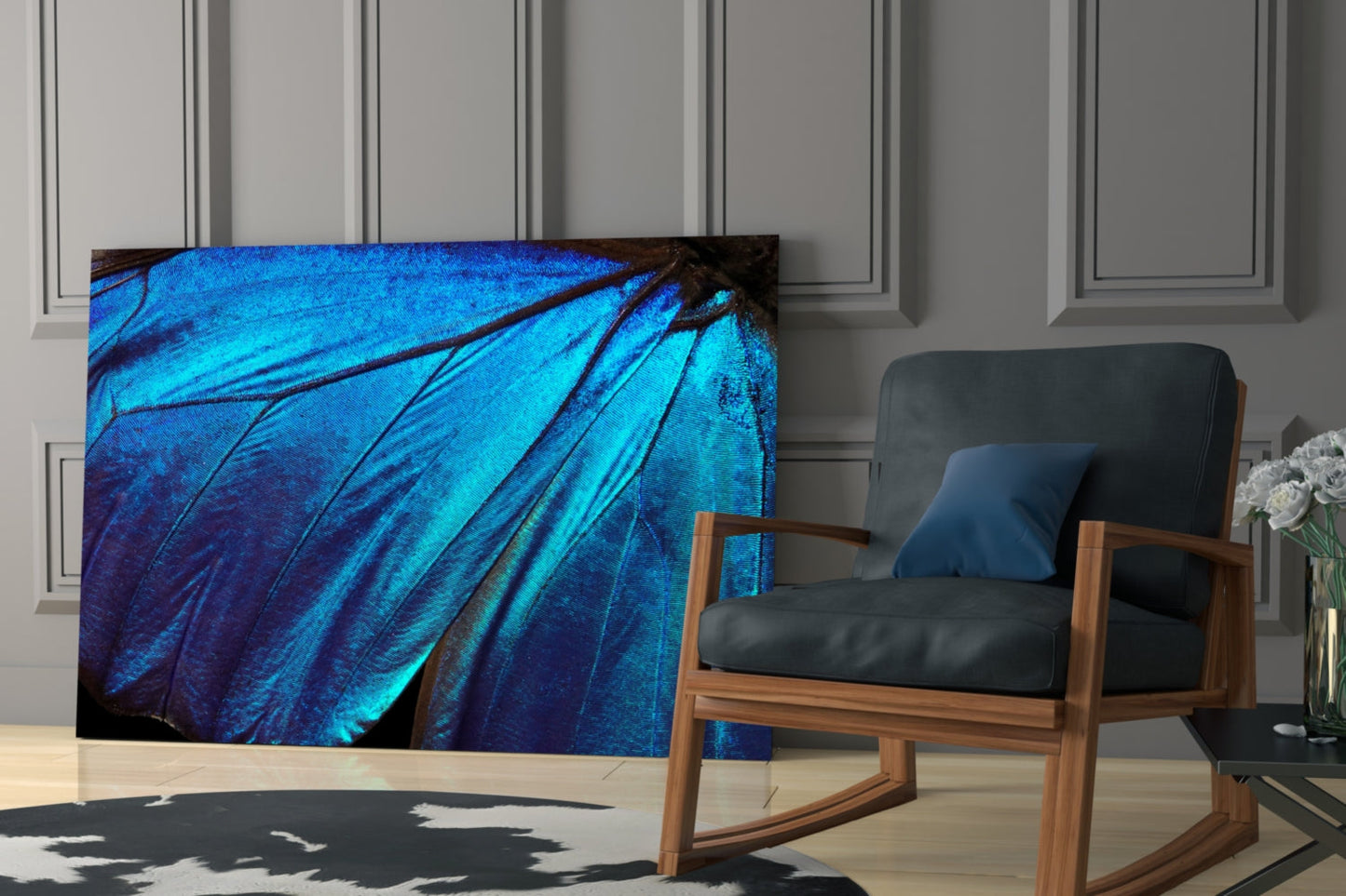 Butterfly Wing Glass Wall Art displaying vibrant blue iridescent feather texture mounted in modern living room setting with wooden chair.