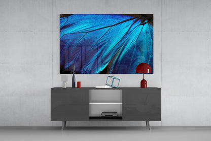 Butterfly wing glass wall art displaying vibrant blue iridescent feather patterns mounted above a gray media console in modern interior setting.