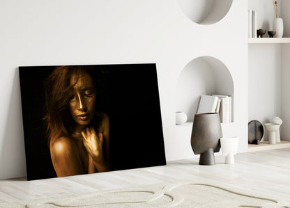 Golden Skin Serene Woman Glass Wall Art