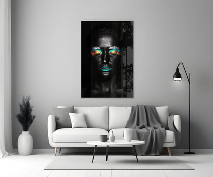 Teal Orange Eyeshadow Woman Glass Wall Art