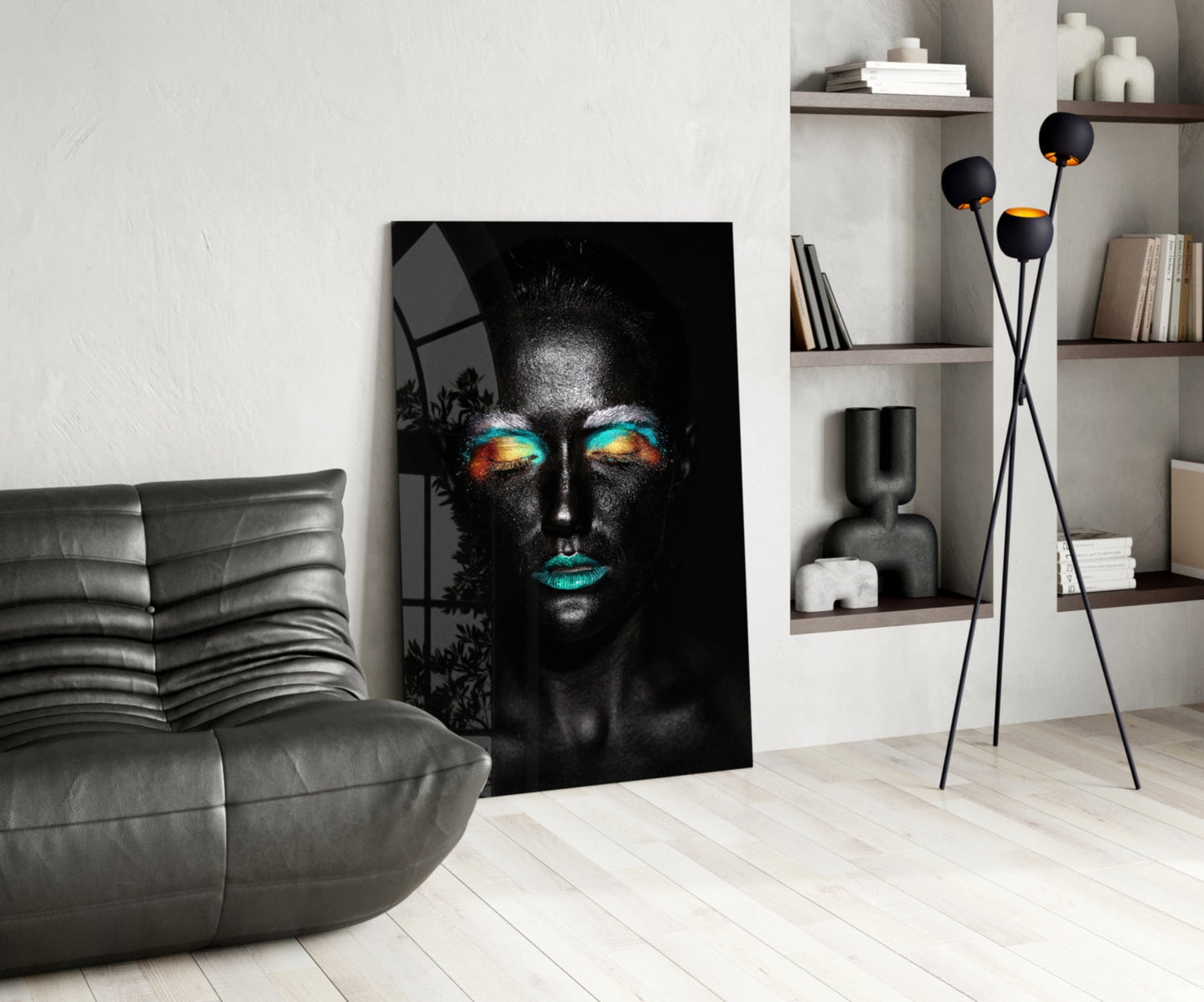 Teal Orange Eyeshadow Woman Glass Wall Art