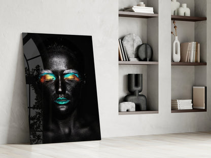 Teal Orange Eyeshadow Woman Glass Wall Art
