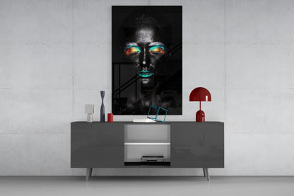 Teal Orange Eyeshadow Woman Glass Wall Art