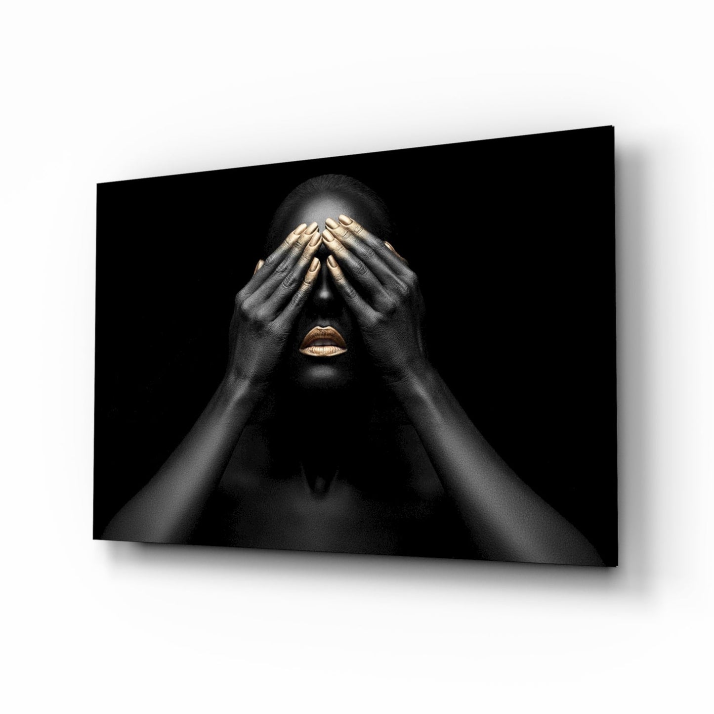 Gold Nails Covered Eyes Woman Glass Wall Art