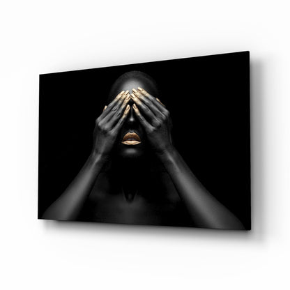 Gold Nails Covered Eyes Woman Glass Wall Art