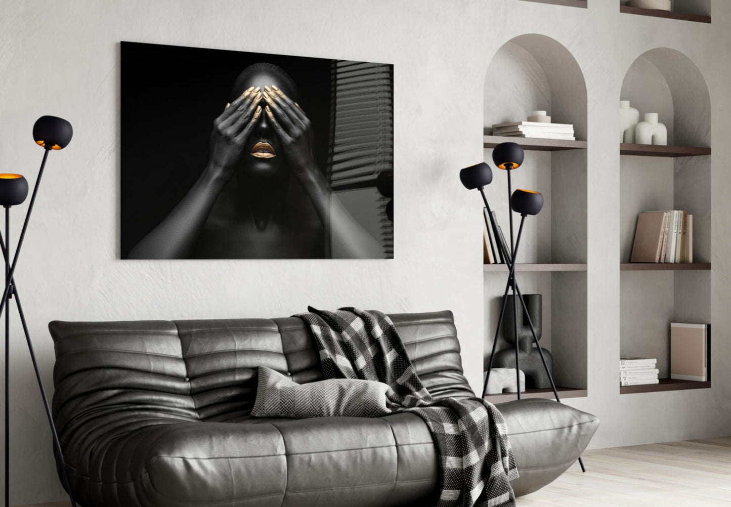Gold Nails Covered Eyes Woman Glass Wall Art