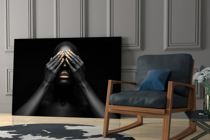 Gold Nails Covered Eyes Woman Glass Wall Art