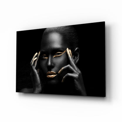 Gold Lips Framing Hands Woman Glass Wall Art