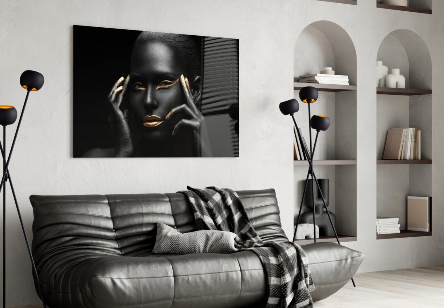 Gold Lips Framing Hands Woman Glass Wall Art