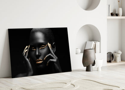 Gold Lips Framing Hands Woman Glass Wall Art