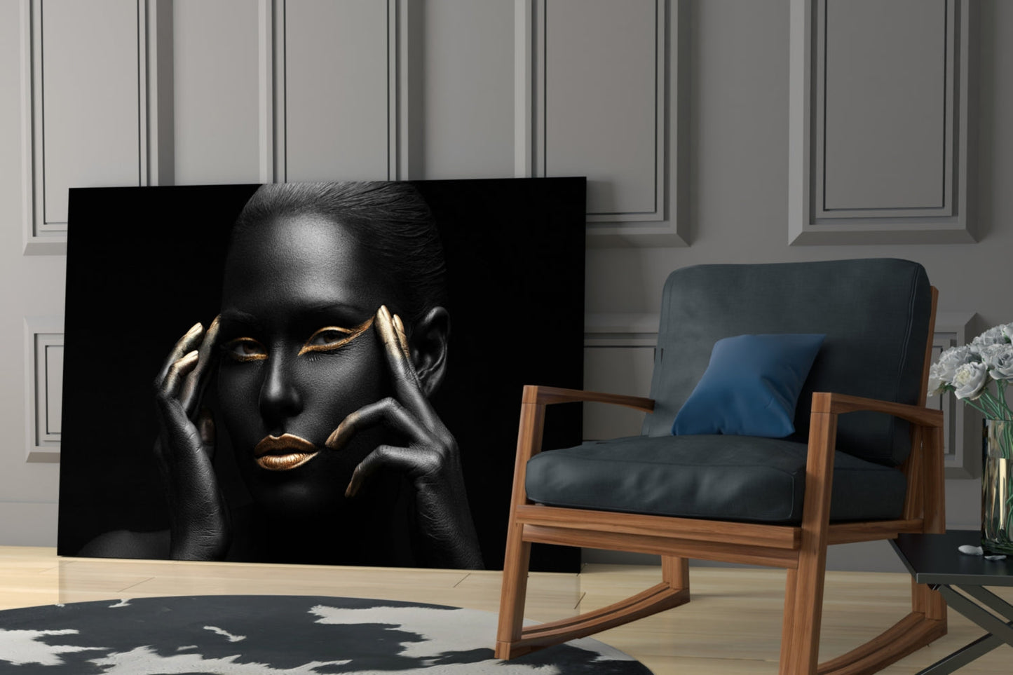 Gold Lips Framing Hands Woman Glass Wall Art