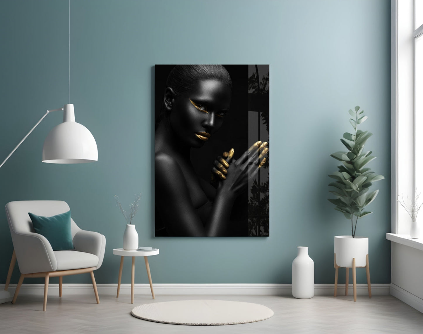 Gold Lips Praying Hands Woman Glass Wall Art