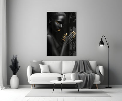 Gold Lips Praying Hands Woman Glass Wall Art