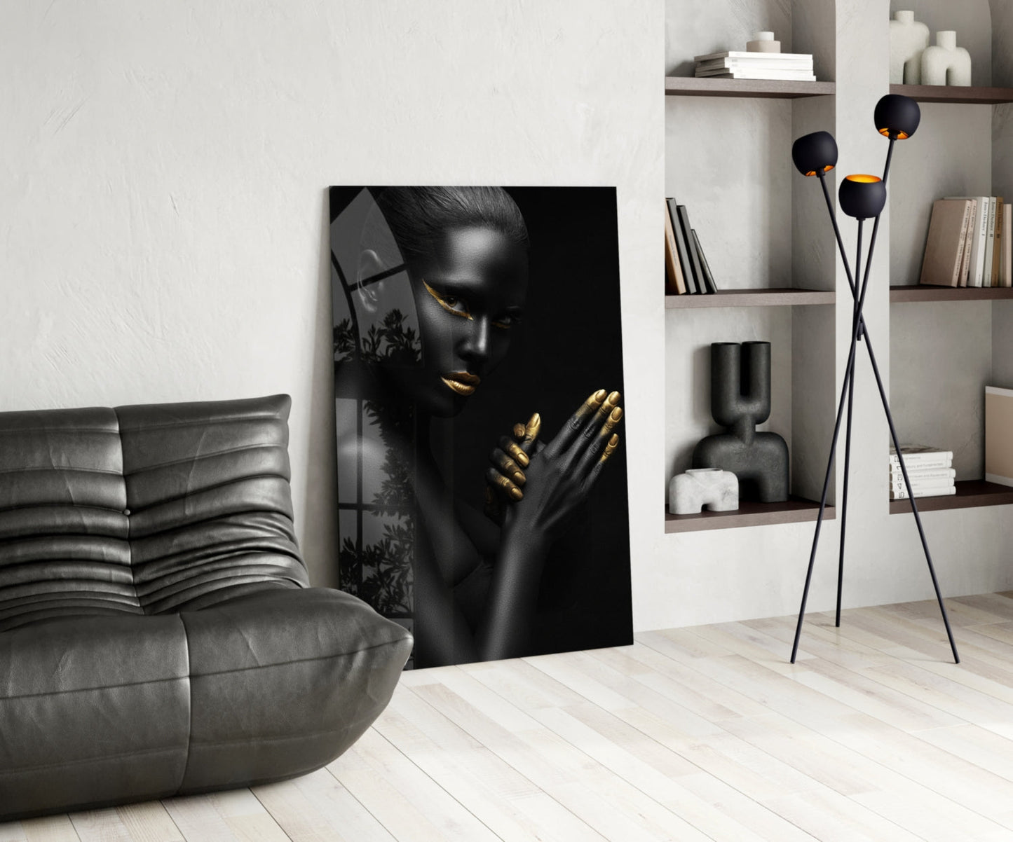 Gold Lips Praying Hands Woman Glass Wall Art