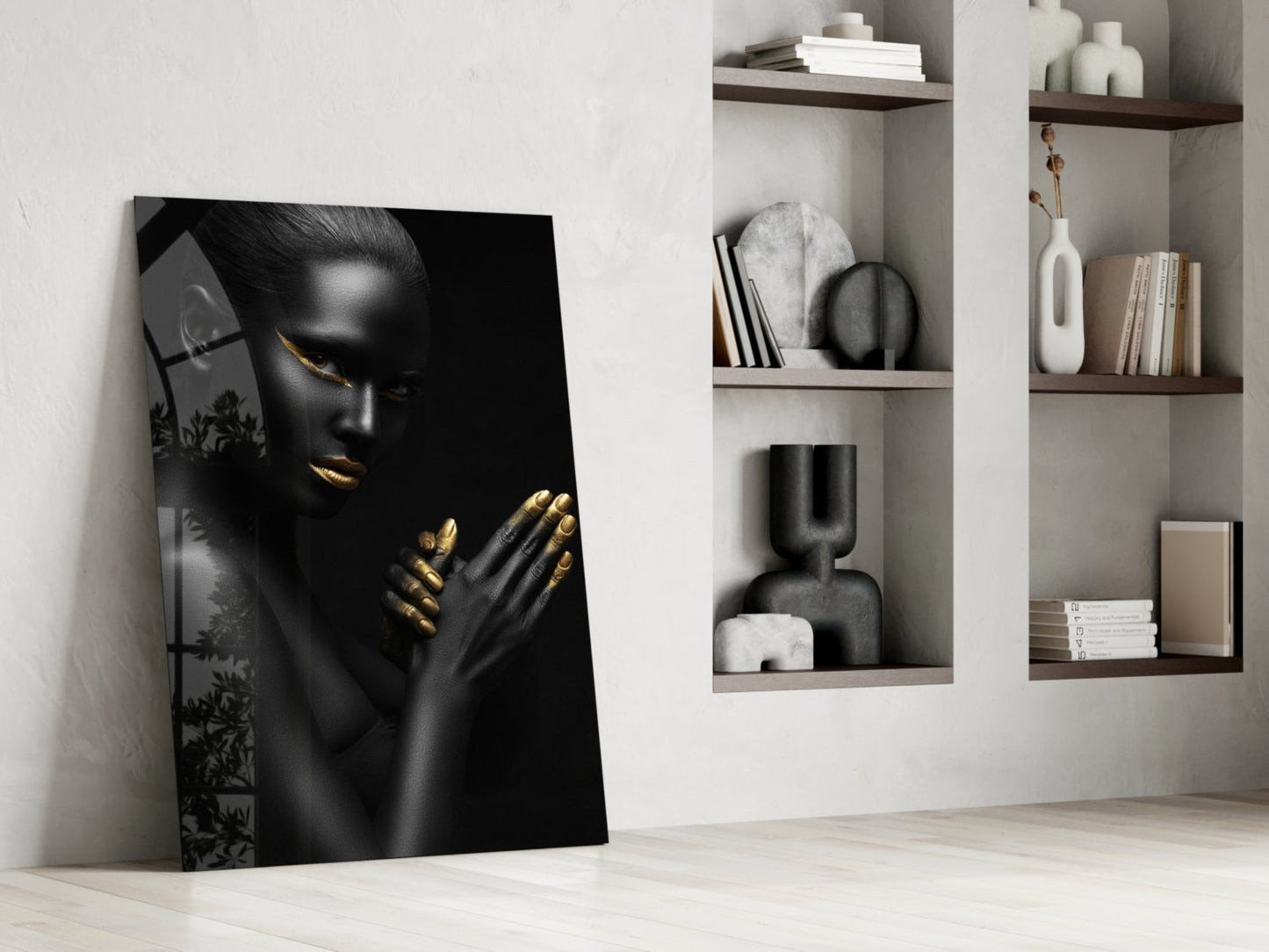 Gold Lips Praying Hands Woman Glass Wall Art