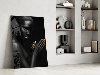 Gold Lips Praying Hands Woman Glass Wall Art