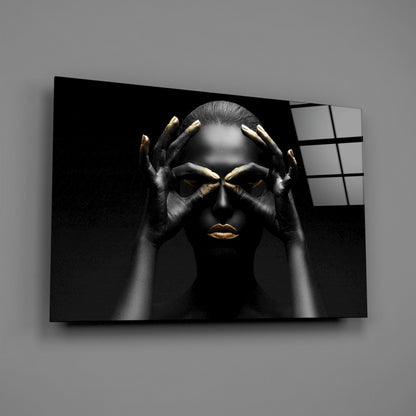 Gold Fingertips Over Eyes Woman Glass Wall Art