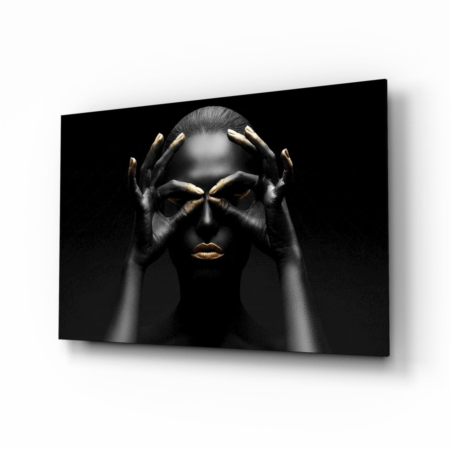 Gold Fingertips Over Eyes Woman Glass Wall Art