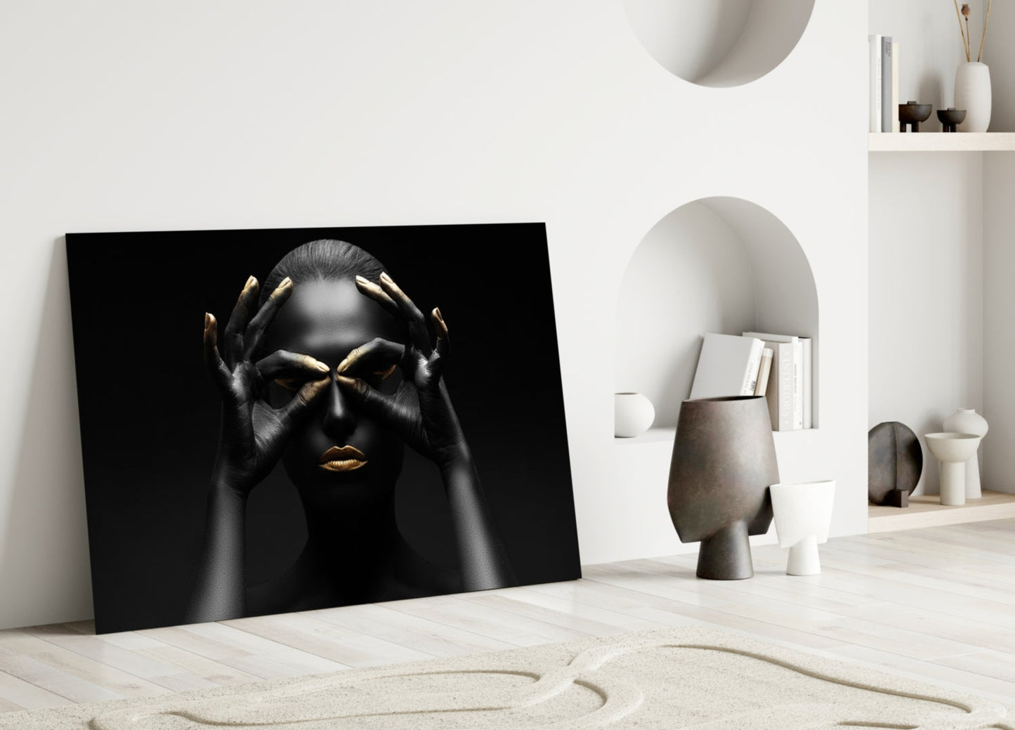 Gold Fingertips Over Eyes Woman Glass Wall Art