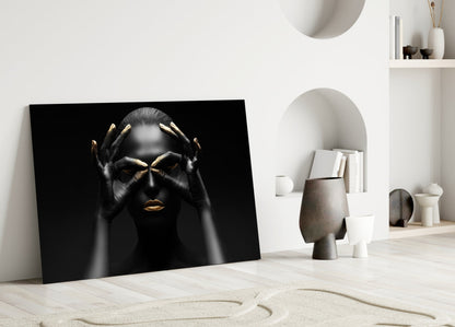 Gold Fingertips Over Eyes Woman Glass Wall Art