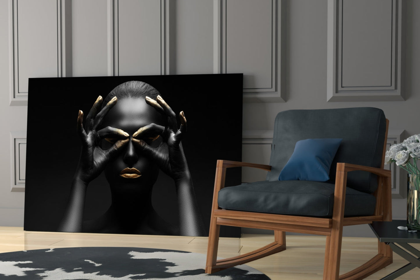 Gold Fingertips Over Eyes Woman Glass Wall Art