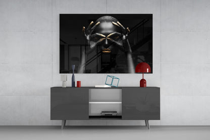 Gold Fingertips Over Eyes Woman Glass Wall Art