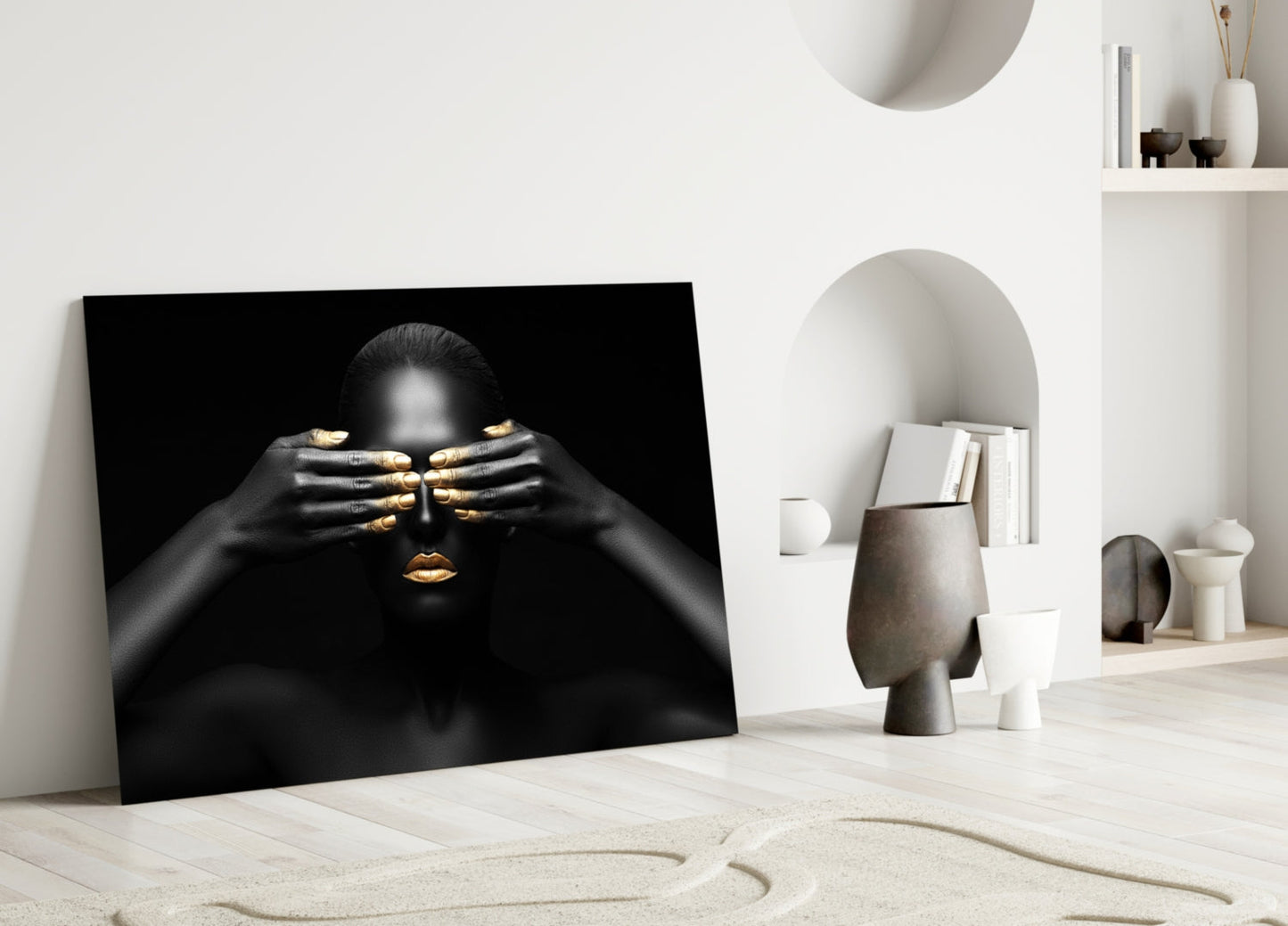 Gold Manicure Hidden Eyes Woman Glass Wall Art