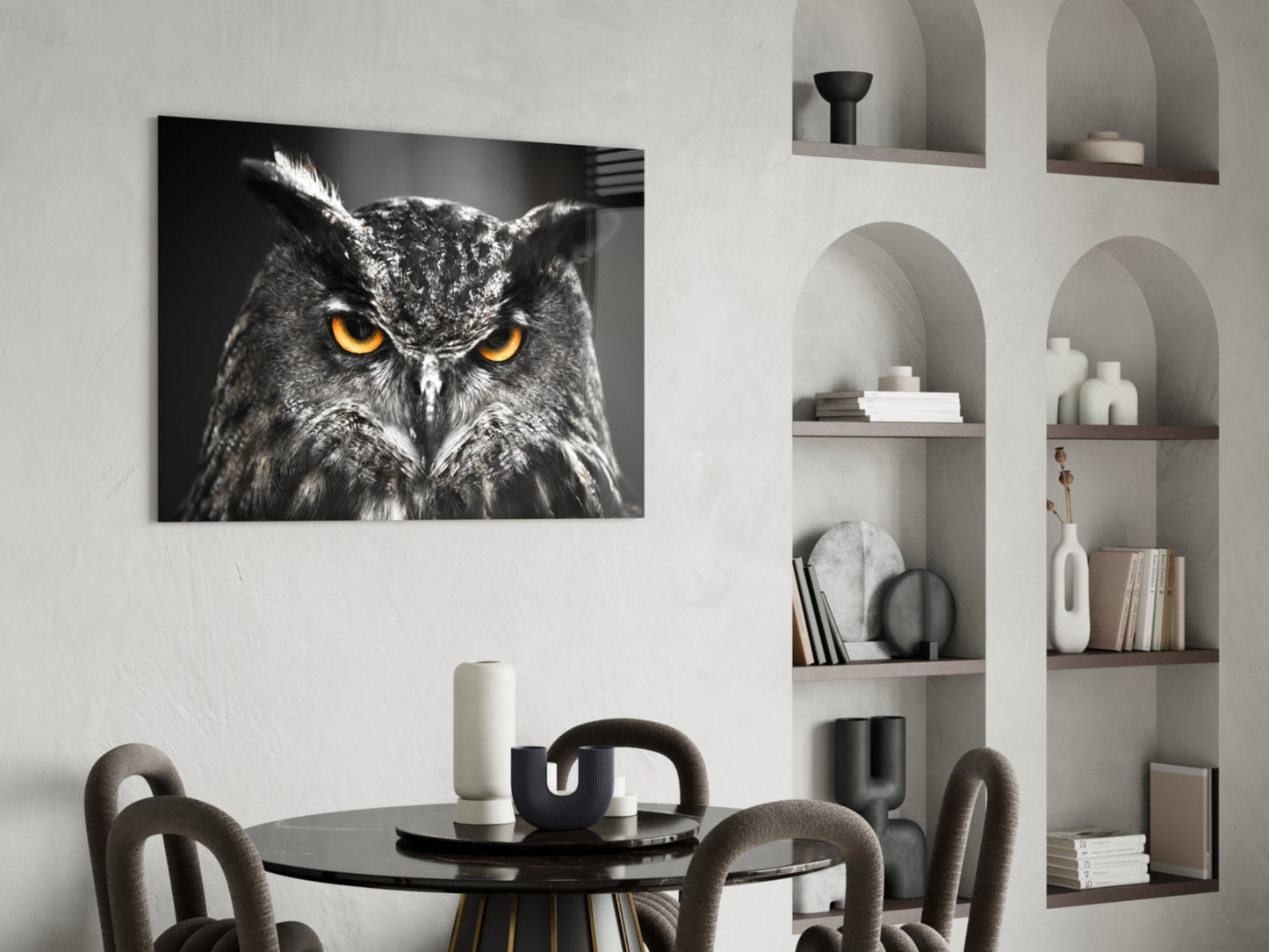 Horned Owl Orange Eyes Glass Wall Art