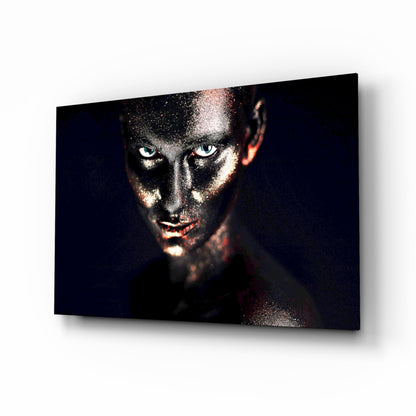 Blue Eyes Glitter Face Woman Glass Wall Art
