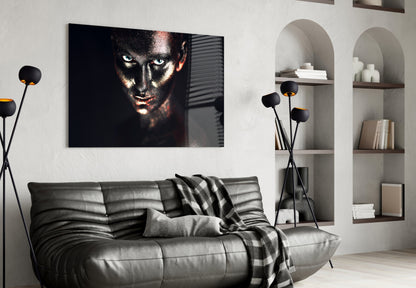 Blue Eyes Glitter Face Woman Glass Wall Art