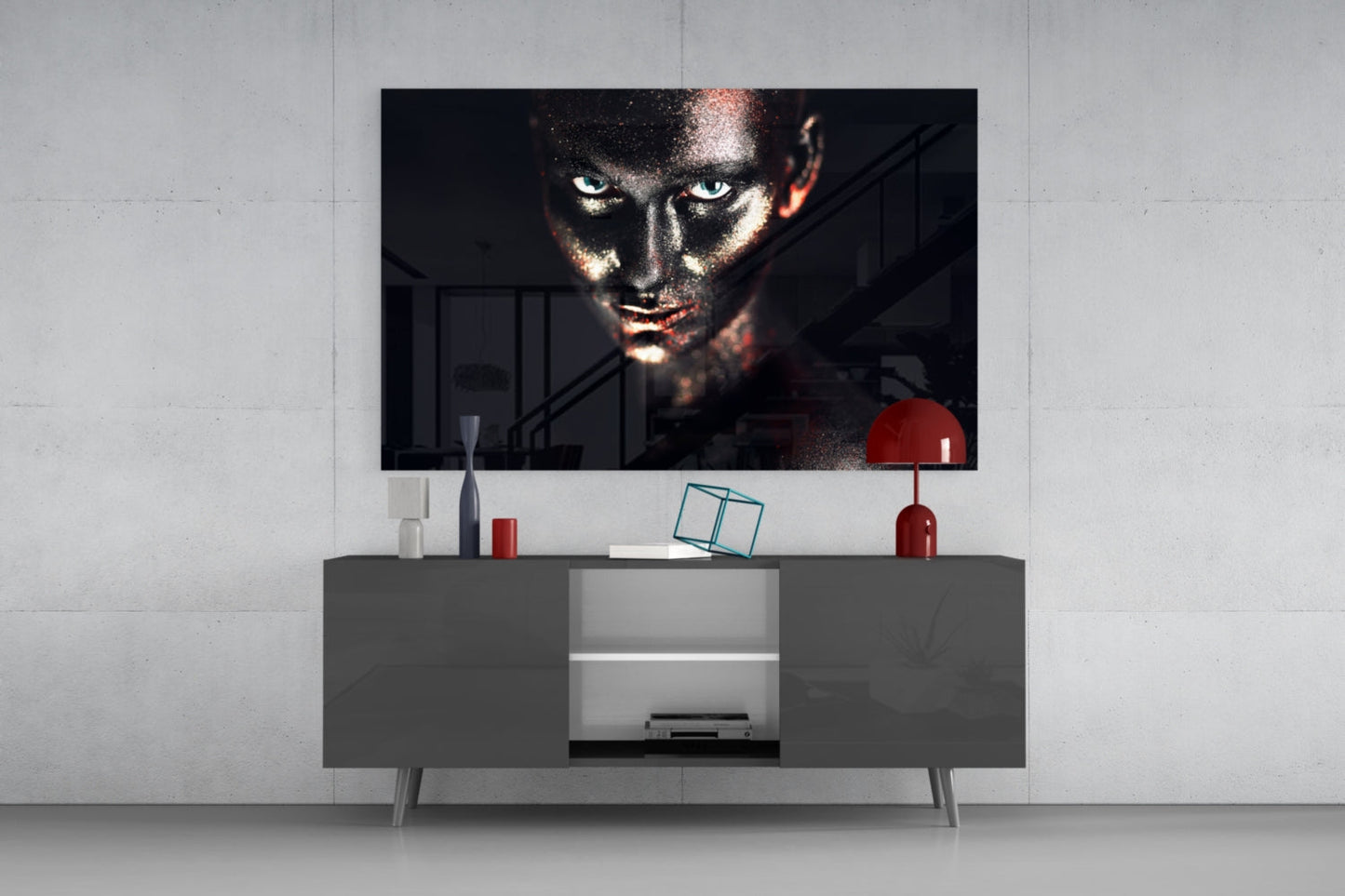 Blue Eyes Glitter Face Woman Glass Wall Art