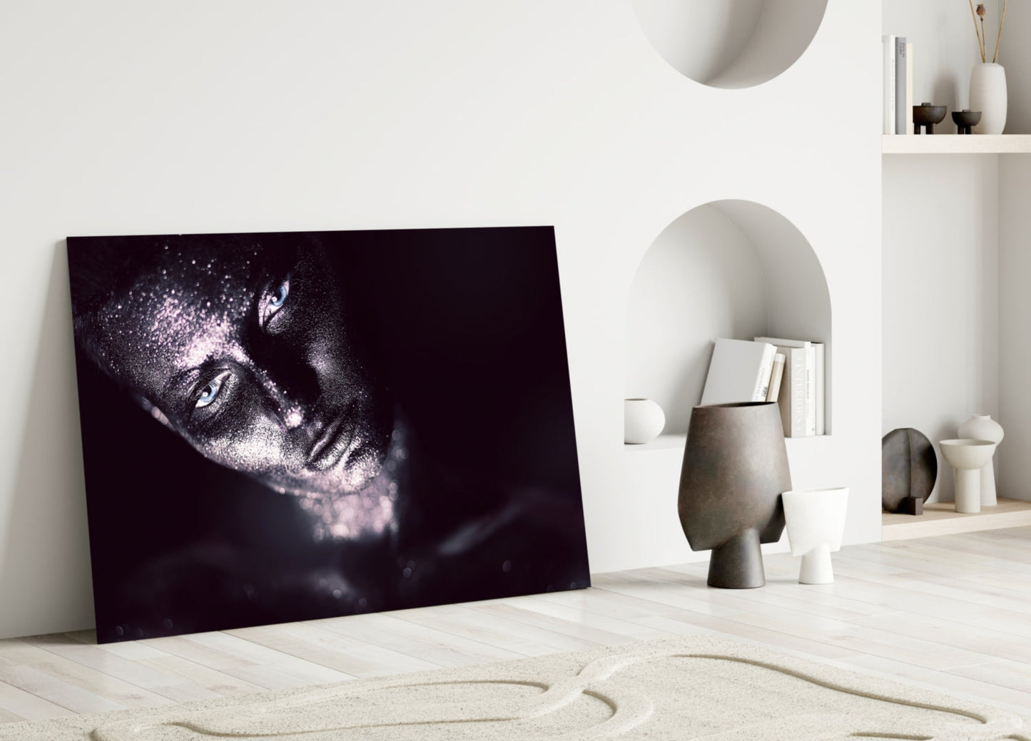 Silver Glitter Shadowed Woman Glass Wall Art