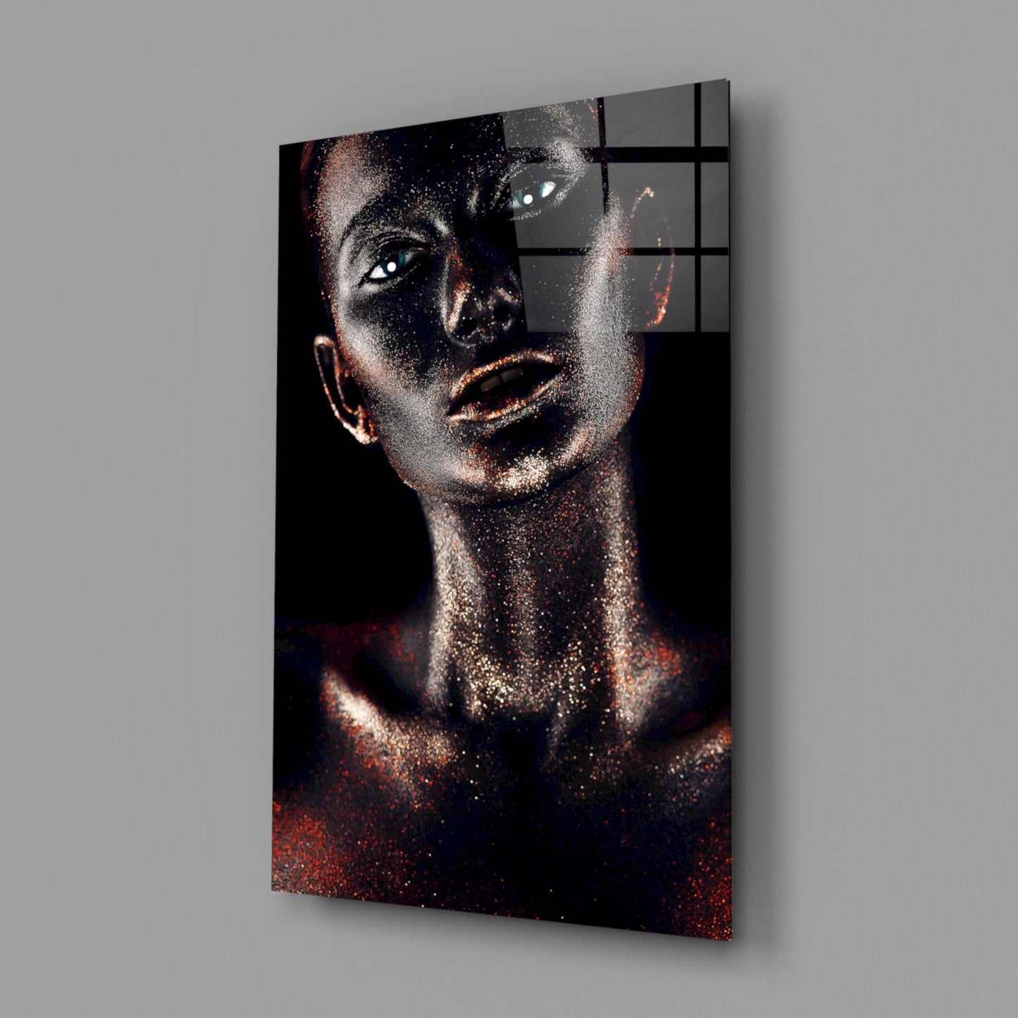 Copper Glitter Blue Eyes Woman Glass Wall Art