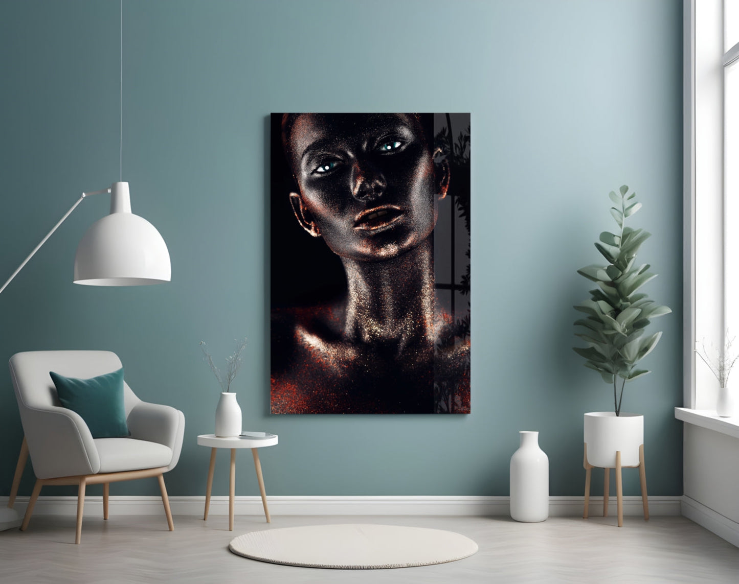 Copper Glitter Blue Eyes Woman Glass Wall Art