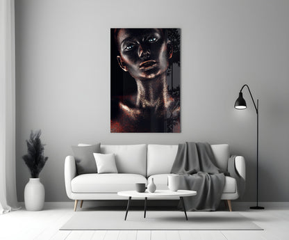 Copper Glitter Blue Eyes Woman Glass Wall Art