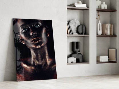 Copper Glitter Blue Eyes Woman Glass Wall Art