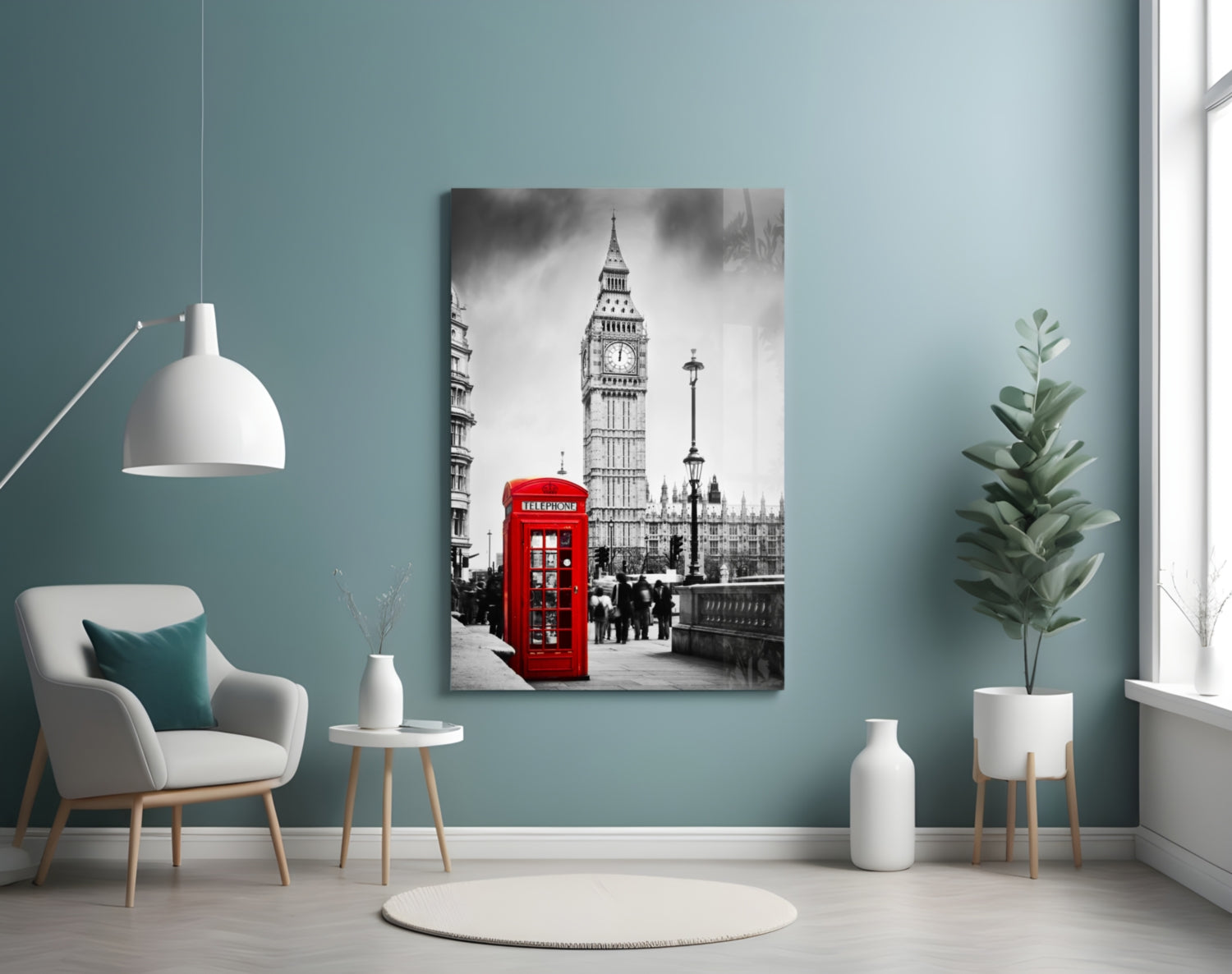 Black and white London street scene photograph with red telephone box and Big Ben displayed on glass canvas mounted on teal wall.