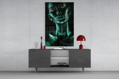 Turquoise Glitter Skin Woman Glass Wall Art
