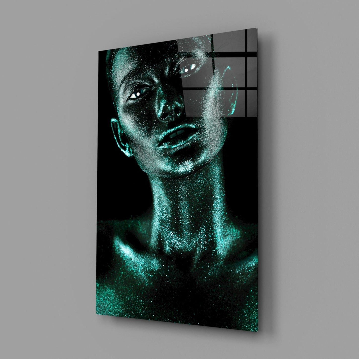 Turquoise Glitter Skin Woman Glass Wall Art