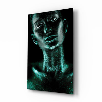 Turquoise Glitter Skin Woman Glass Wall Art