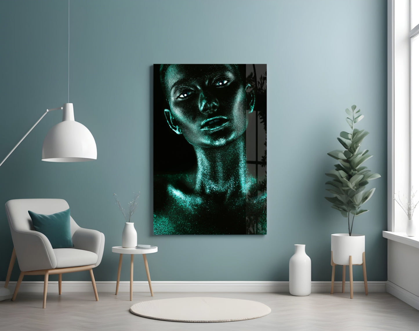 Turquoise Glitter Skin Woman Glass Wall Art
