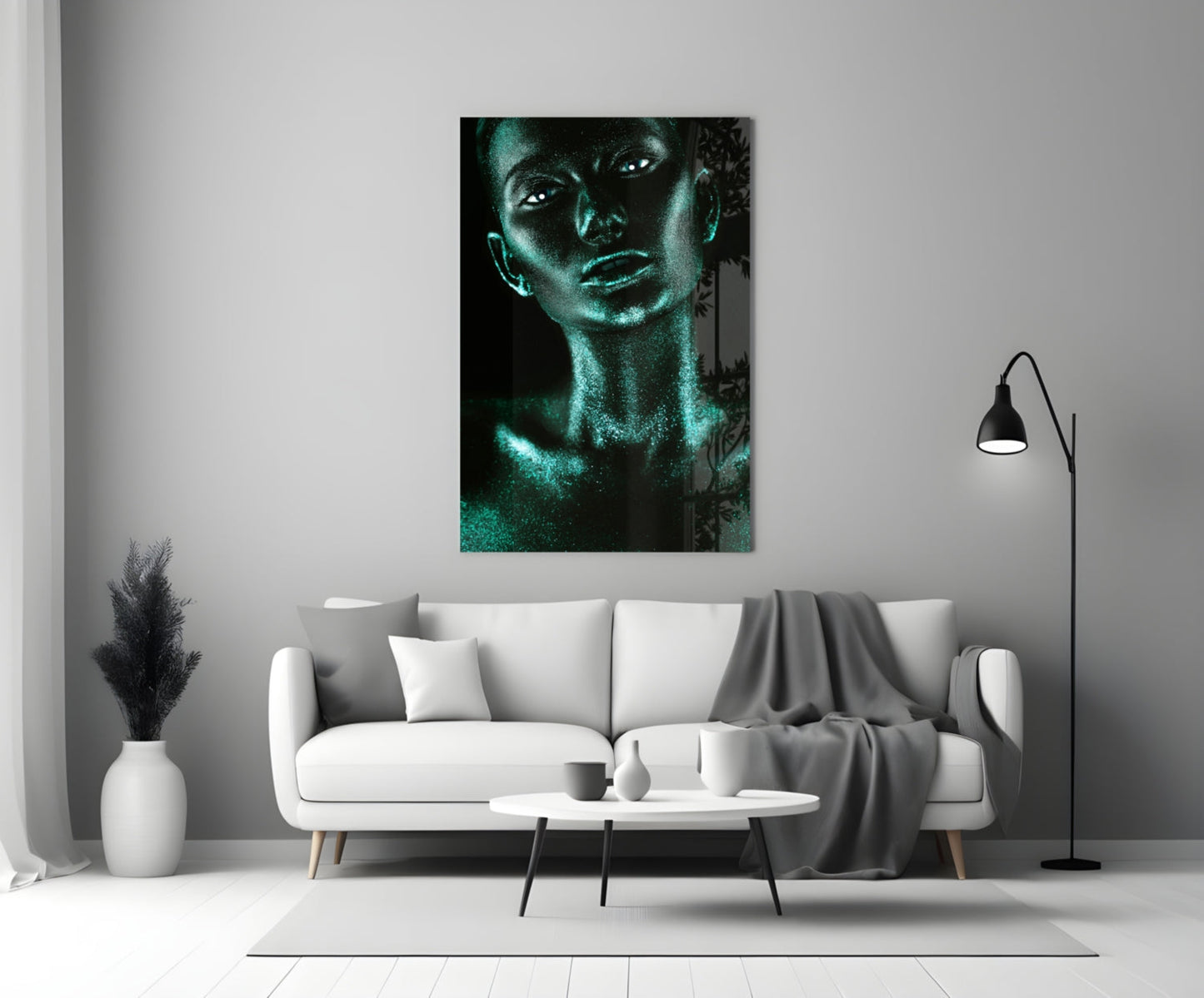 Turquoise Glitter Skin Woman Glass Wall Art