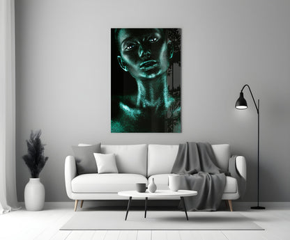 Turquoise Glitter Skin Woman Glass Wall Art