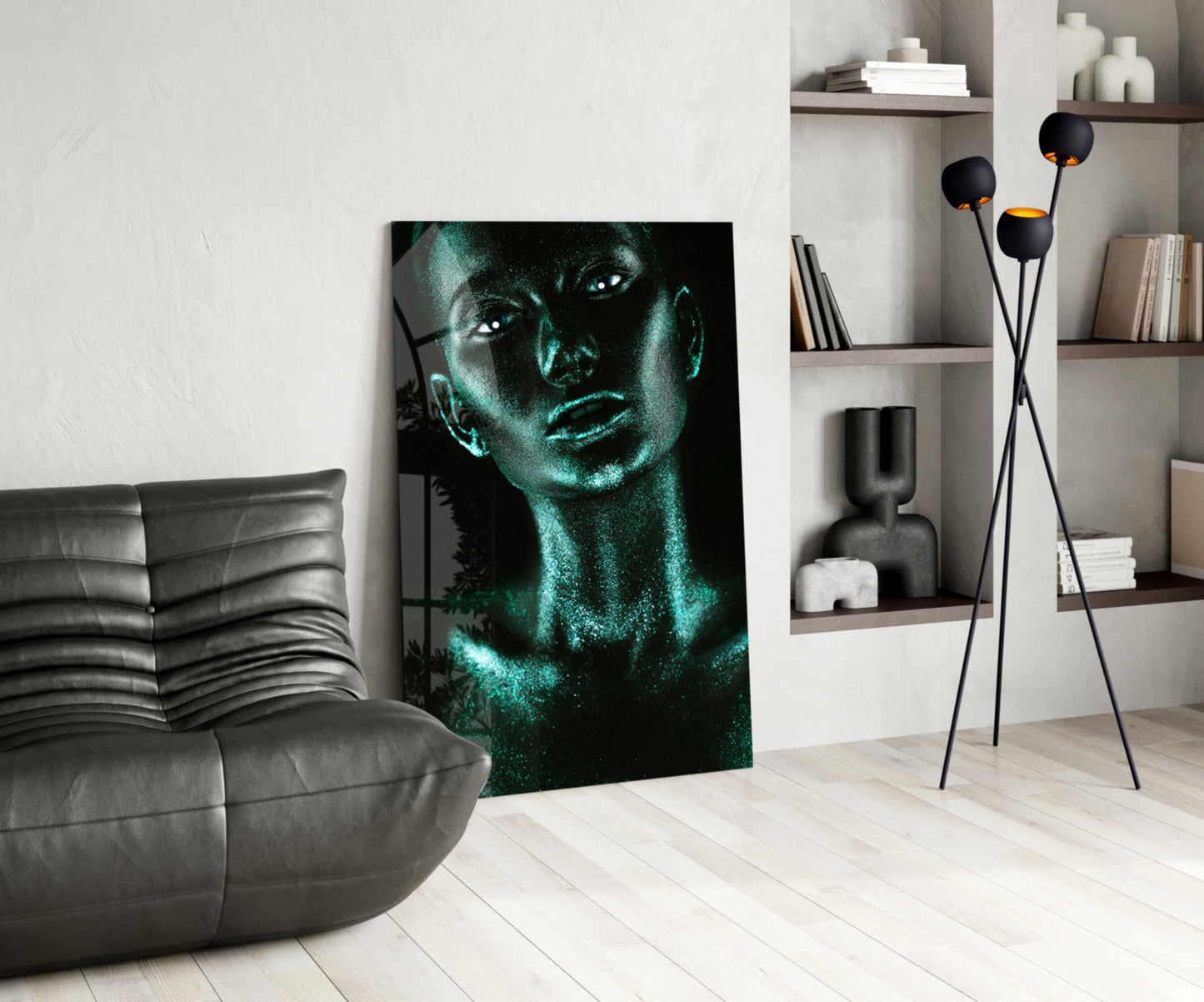 Turquoise Glitter Skin Woman Glass Wall Art